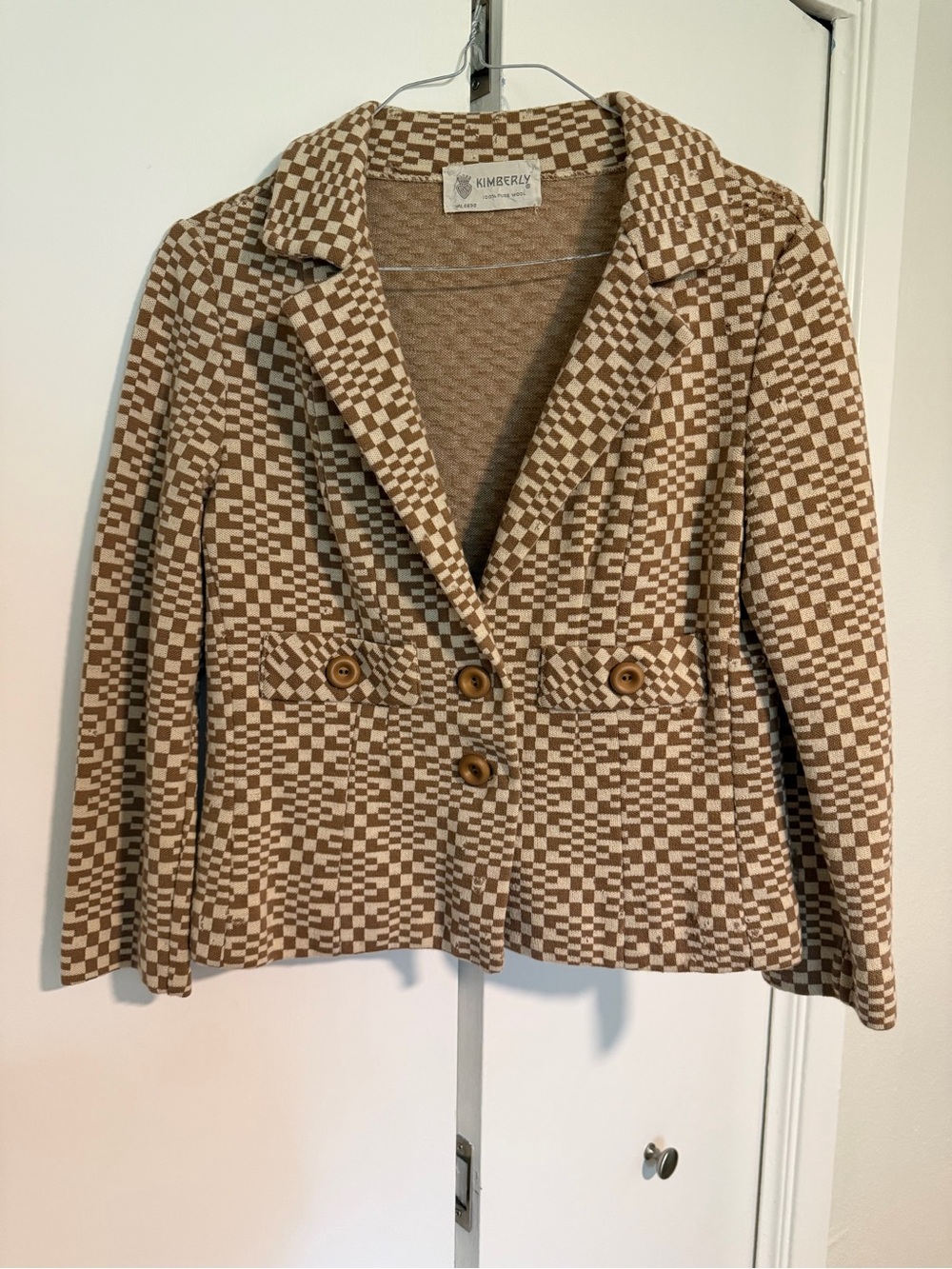 Vintage Brown & Cream Checkered Knit Blazer Jacket